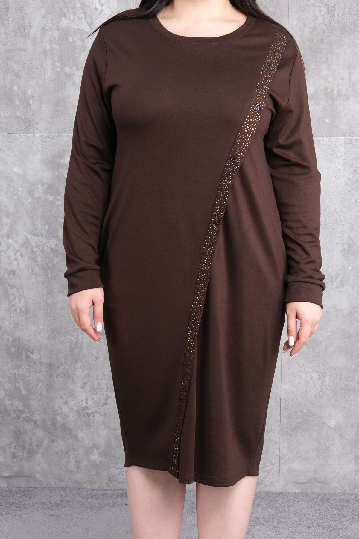 Büyük Beden Elbise-Kahverengi