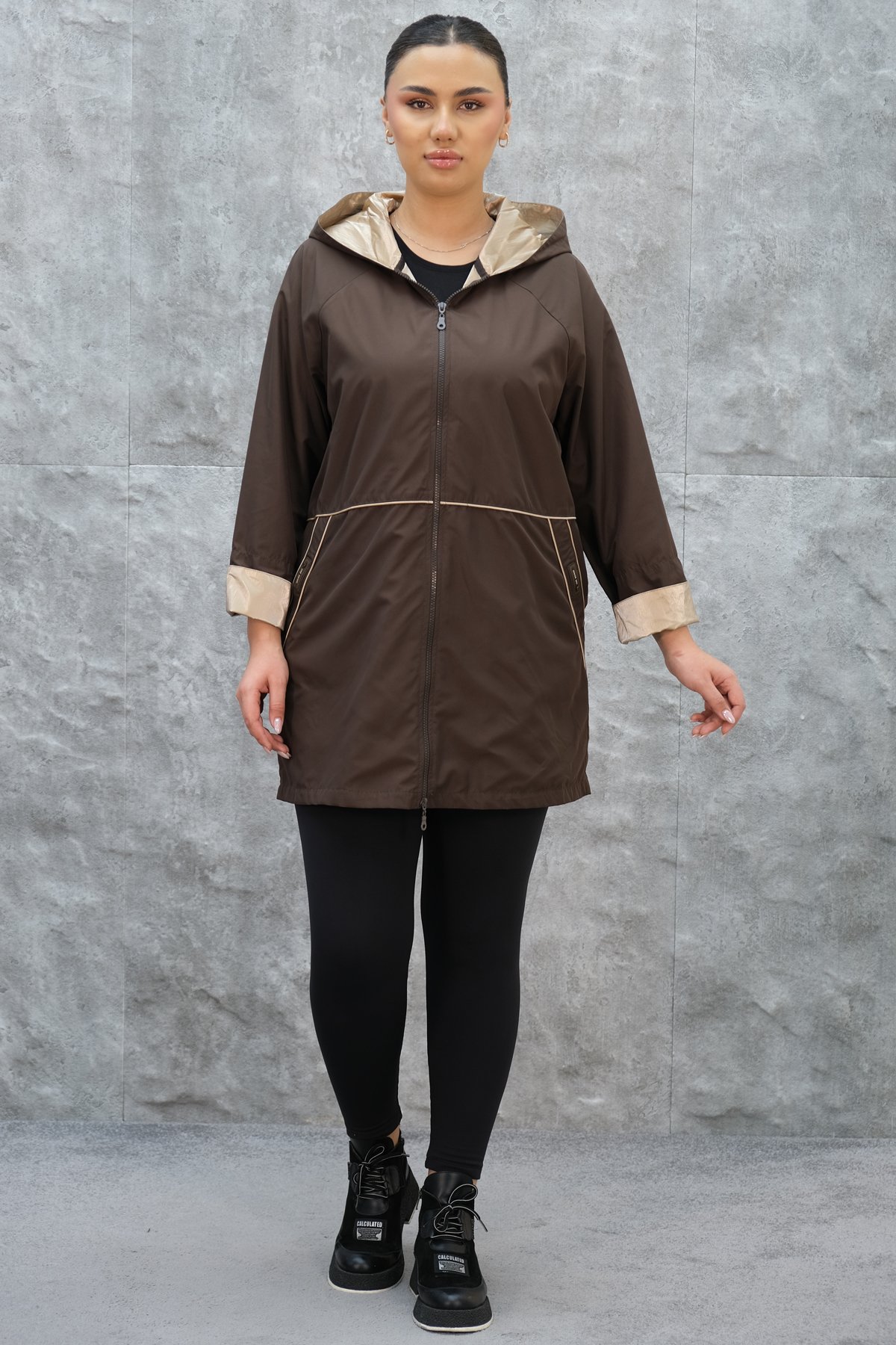 Plus Size Long Sport Jacket-Brown