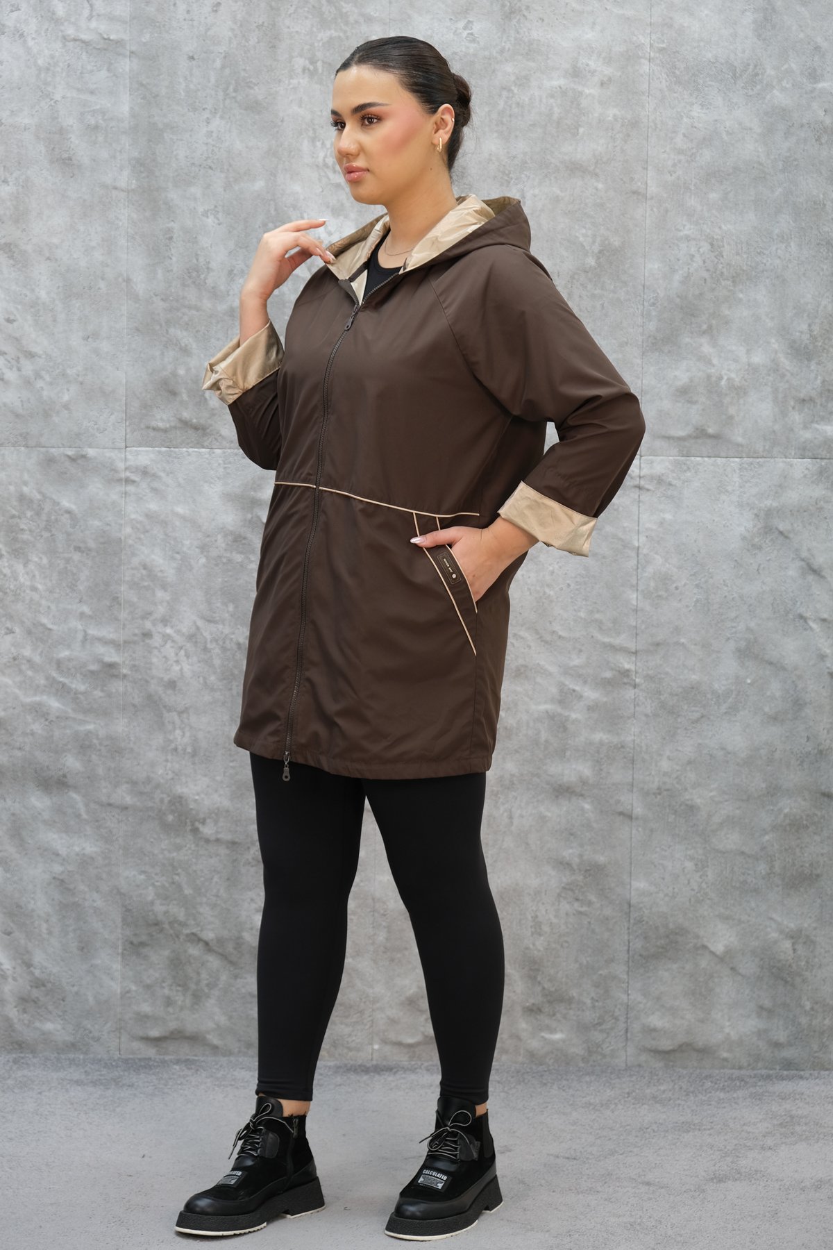 Plus Size Long Sport Jacket-Brown