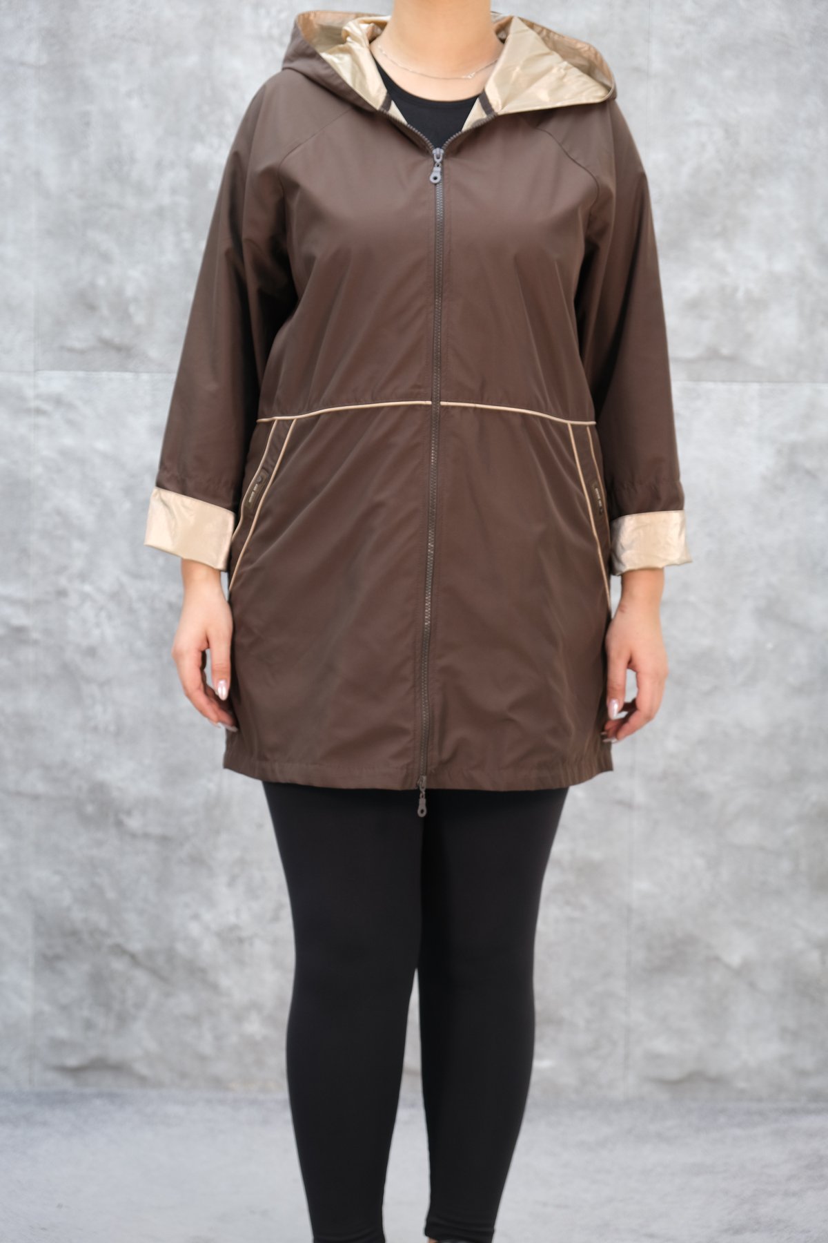 Plus Size Long Sport Jacket-Brown