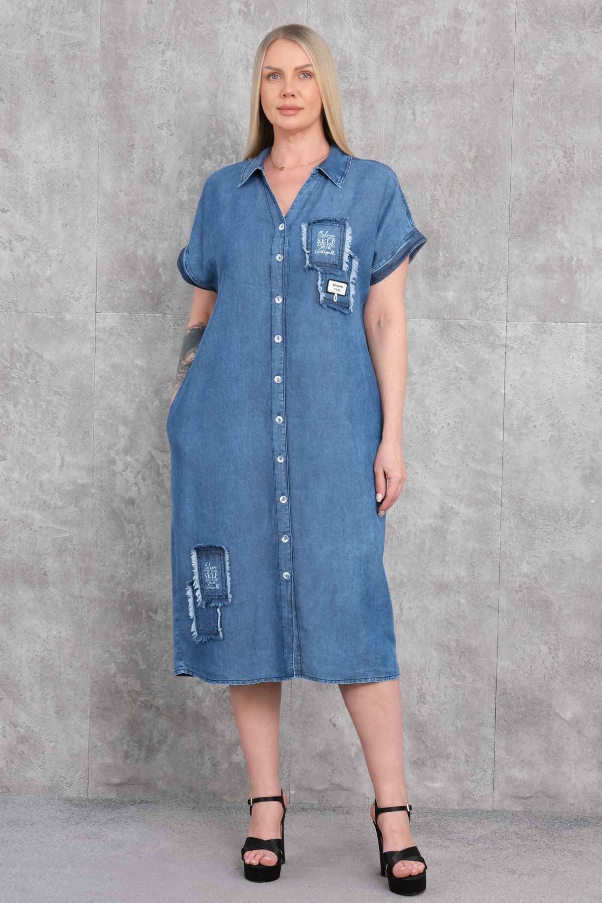 Plus Size Denim Dress-Blue