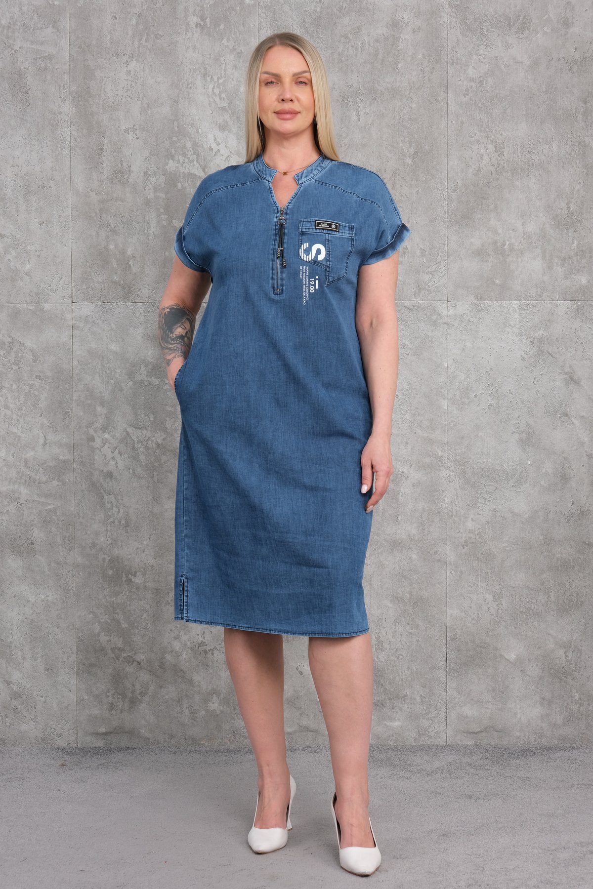Plus Size Denim Dress-Blue