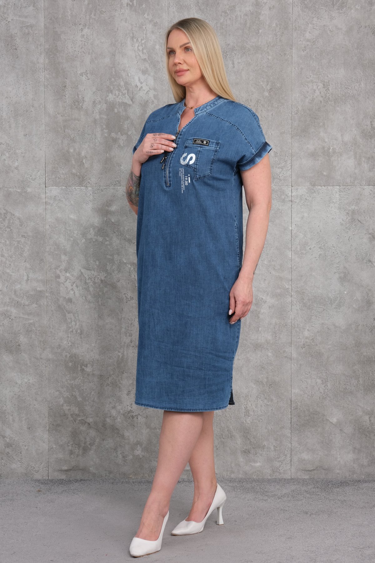 Plus Size Denim Dress-Blue