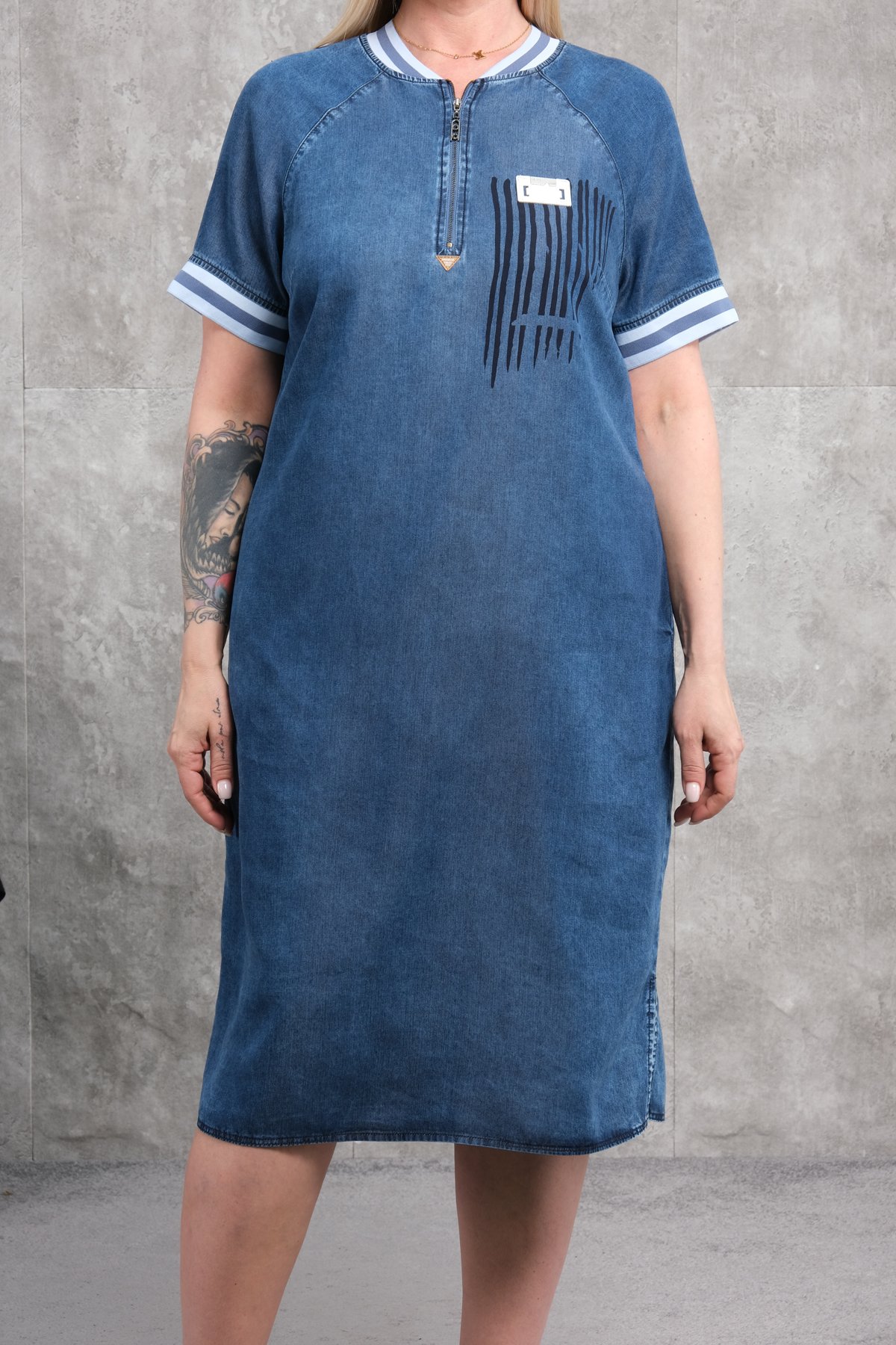 Джинсовое платье больших размеров-Синий