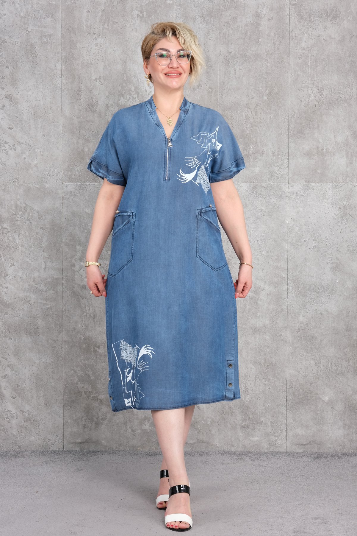 Plus Size Denim Dress-Blue