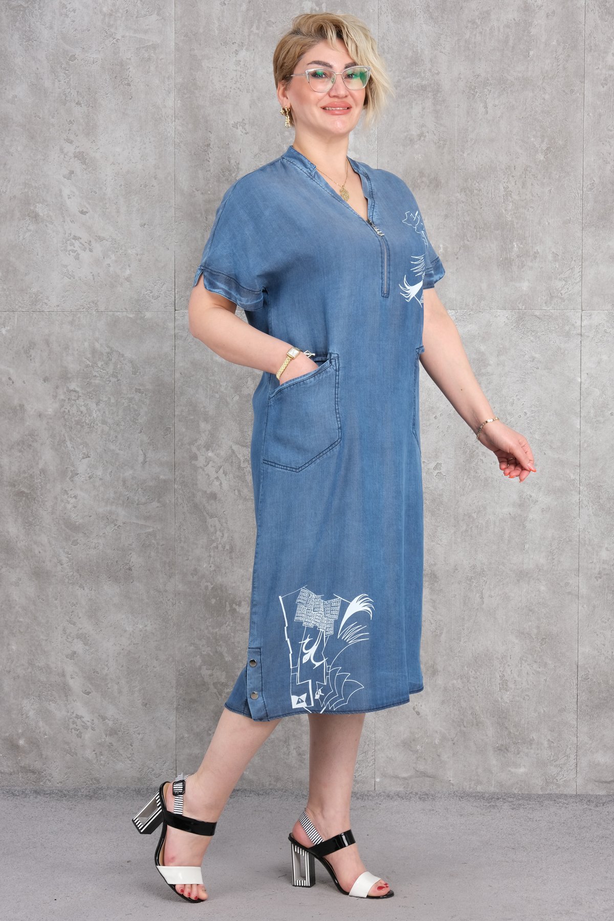 Plus Size Denim Dress-Blue