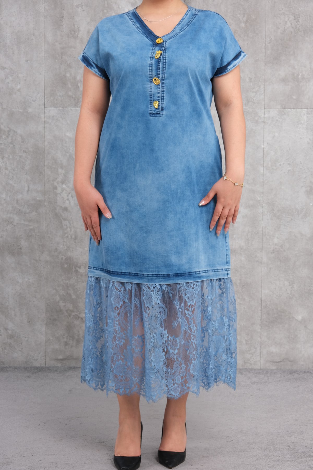 Büyük beden denim elbise-Mavi