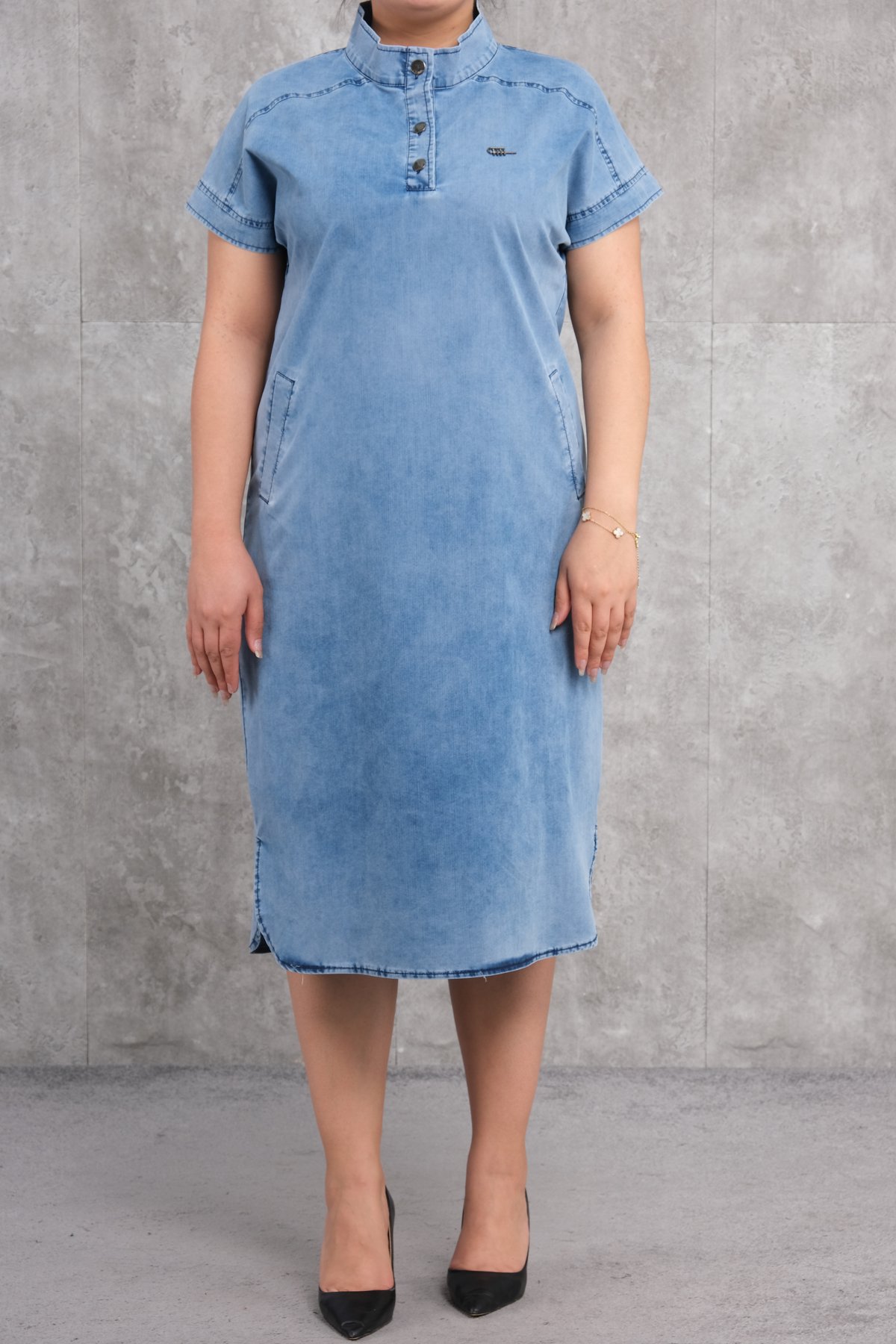 Büyük beden denim elbise-Mavi
