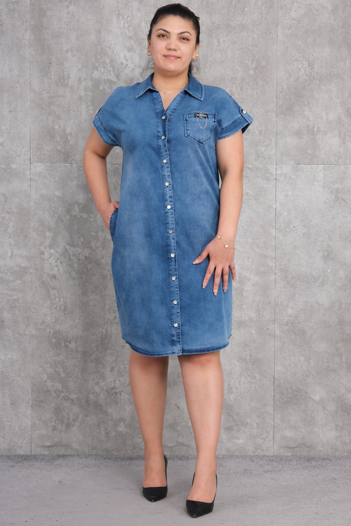 Büyük beden denim elbise-Mavi