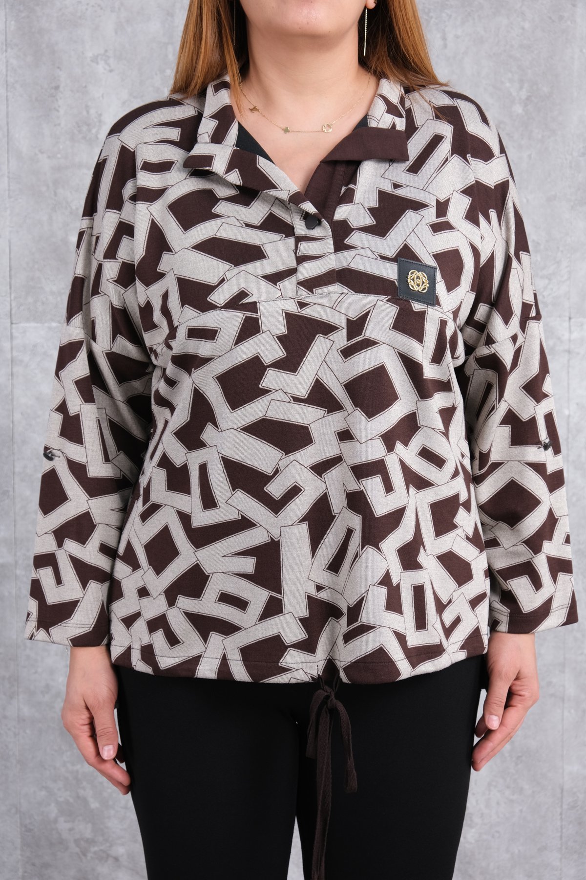 Plus Size Printed Blouse-Brown