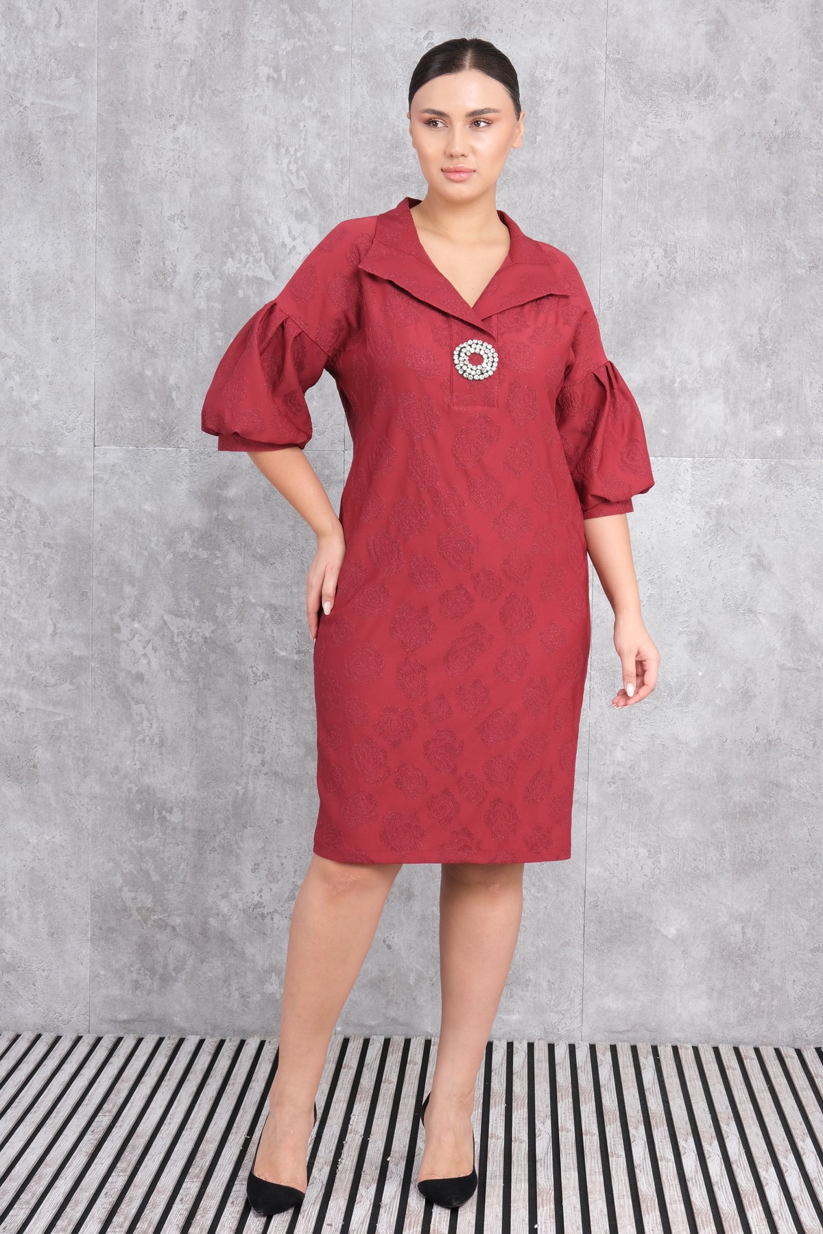 Plus Size Dress-Claret Red