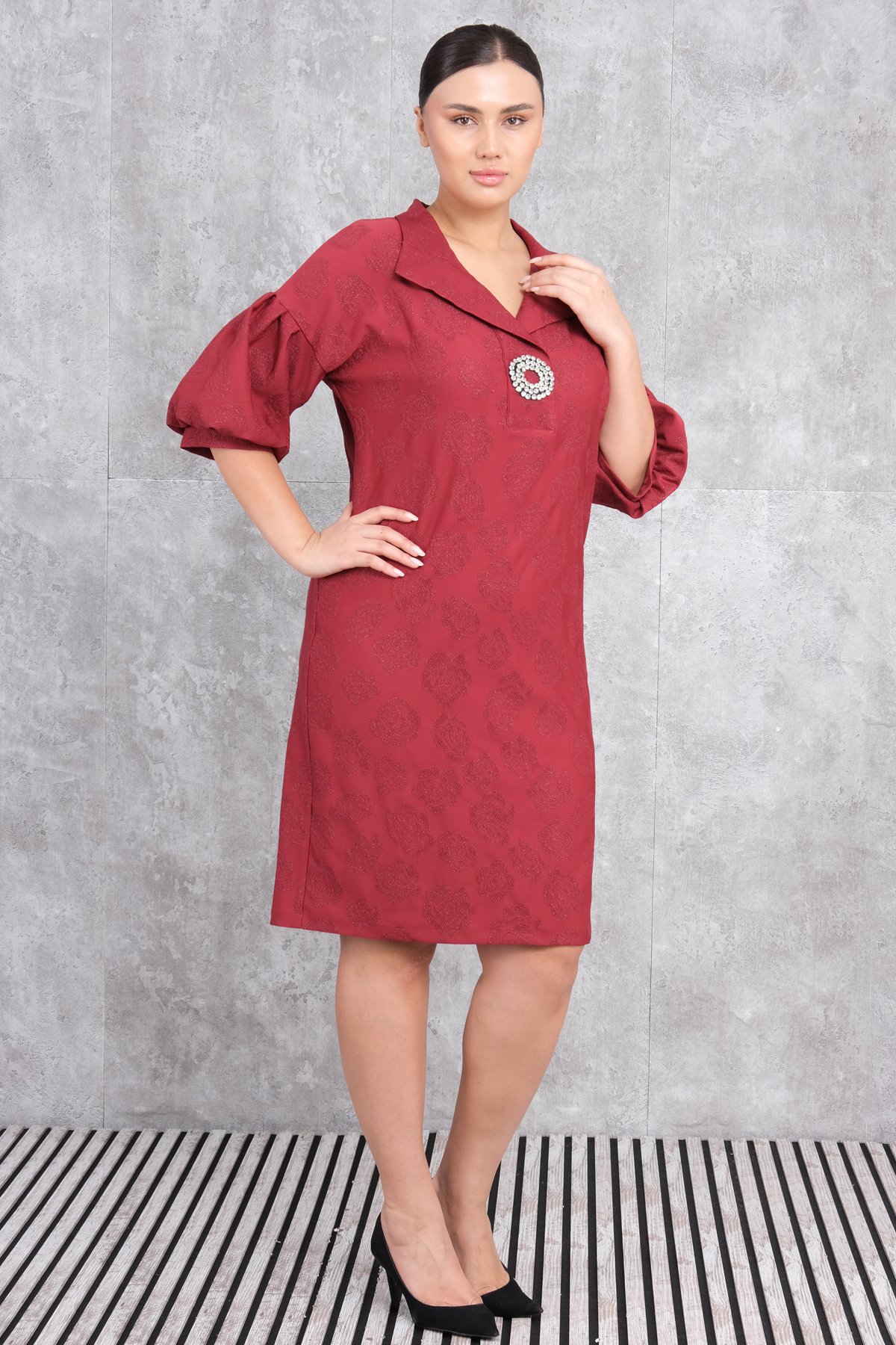 Plus Size Dress-Claret Red