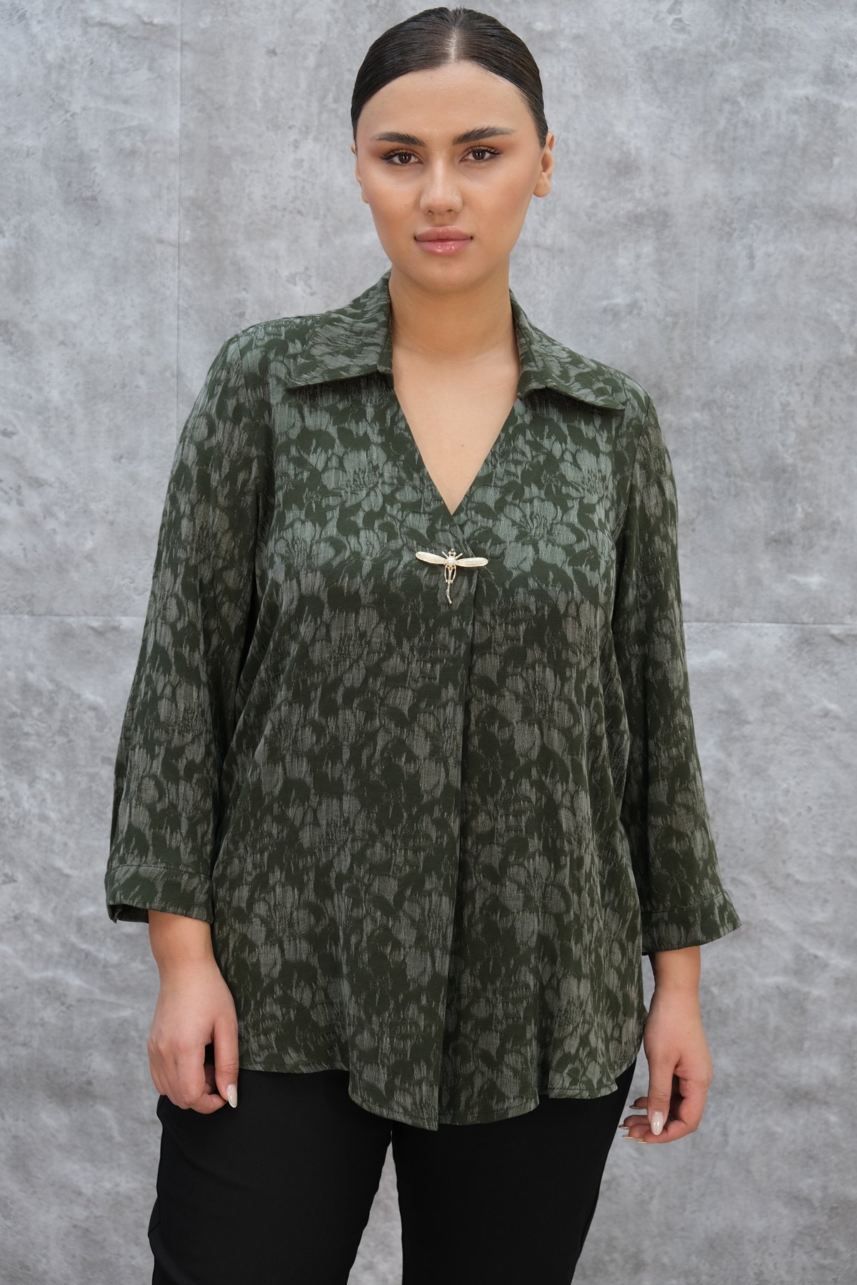 Plus Size Printed Blouse-Khaki