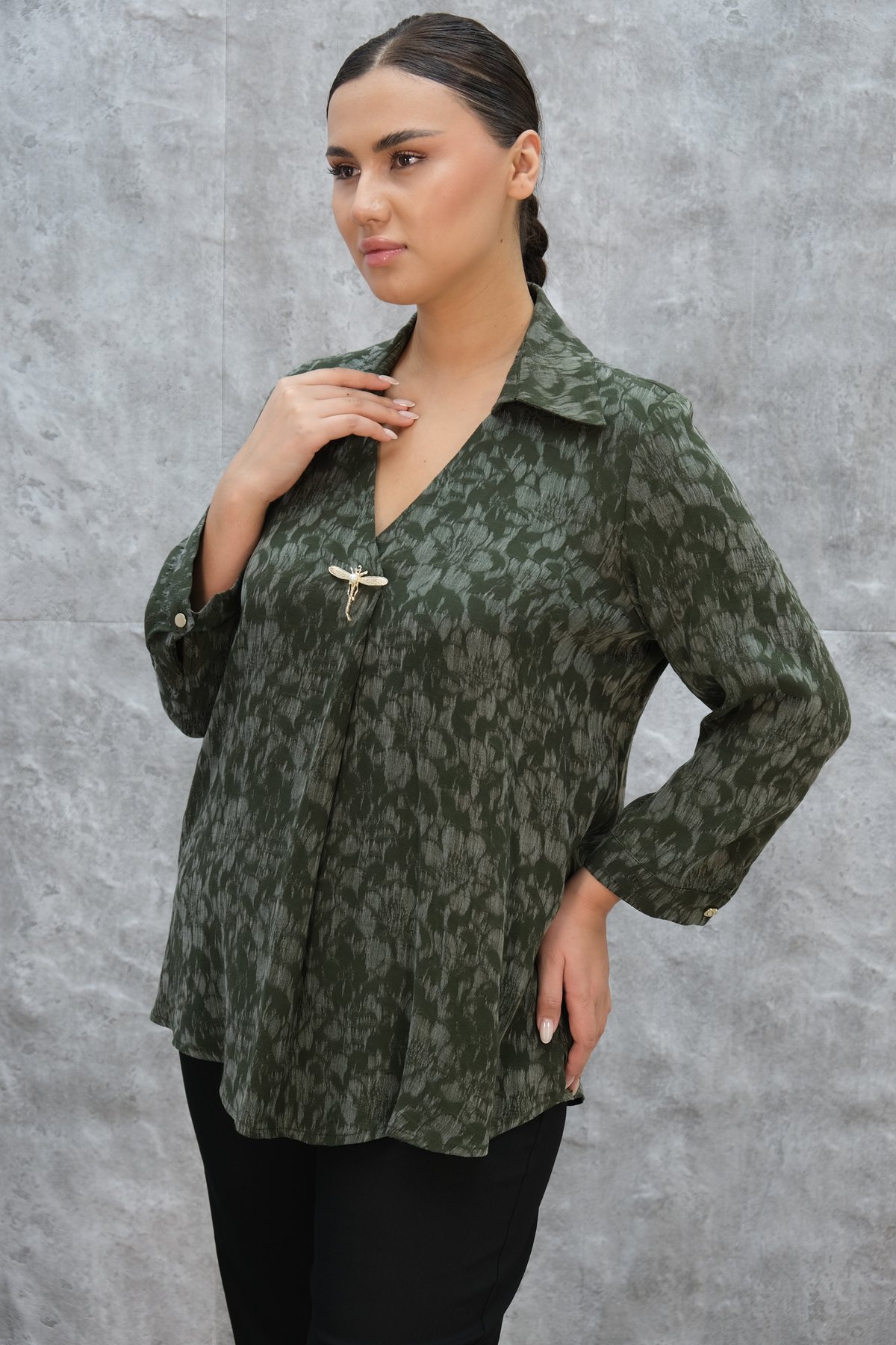 Plus Size Printed Blouse-Khaki