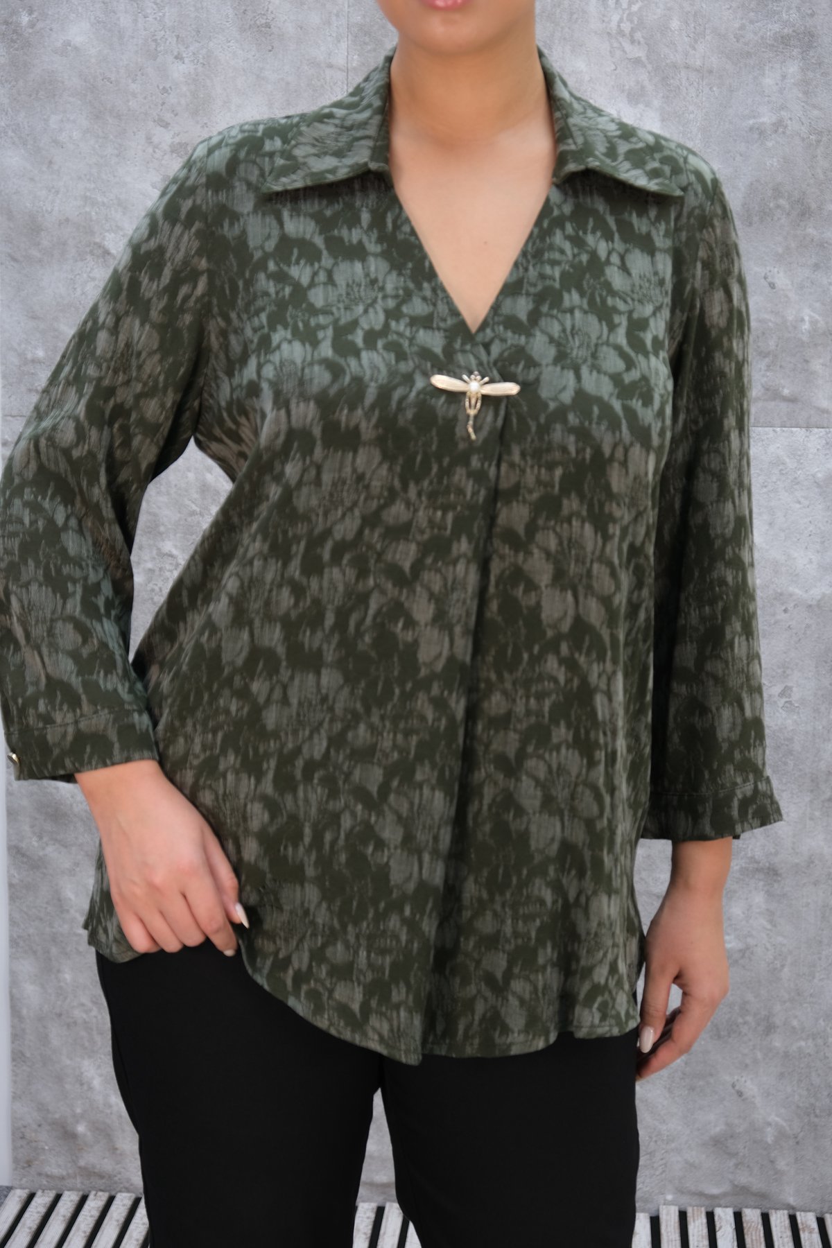 Plus Size Printed Blouse-Khaki