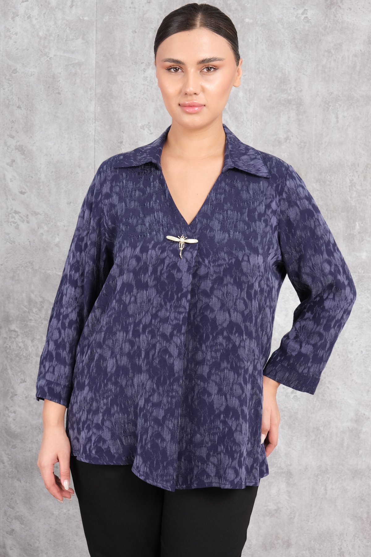 Plus Size Printed Blouse-Dark Blue