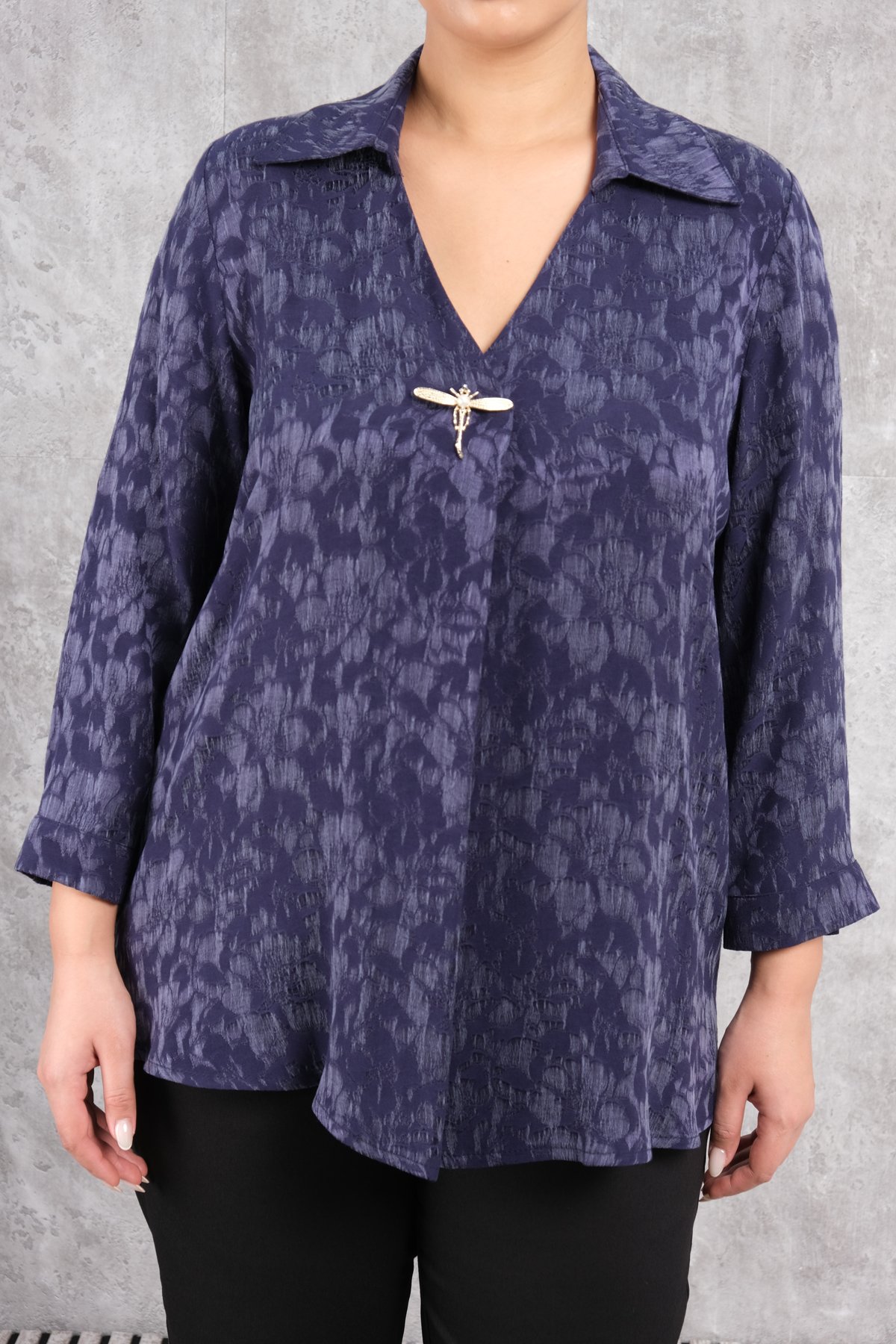 Plus Size Printed Blouse-Dark Blue