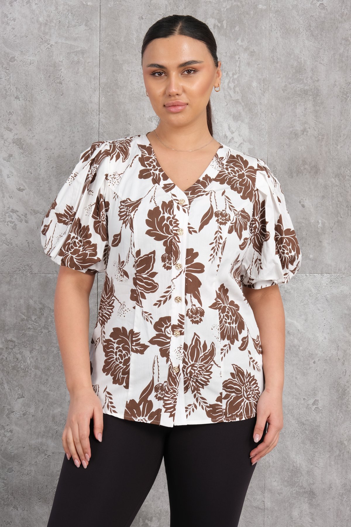 Plus Size V-Neck Blouse-Brown