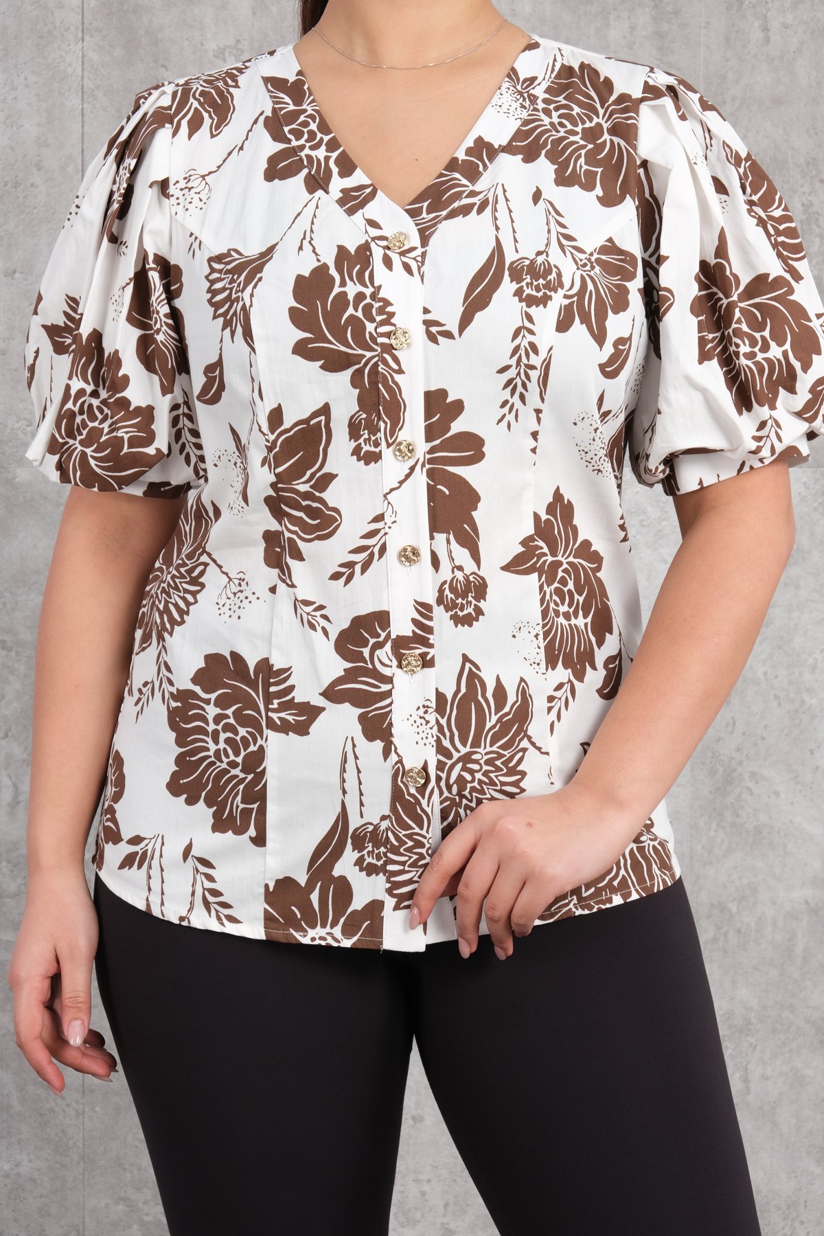 Plus Size V-Neck Blouse-Brown