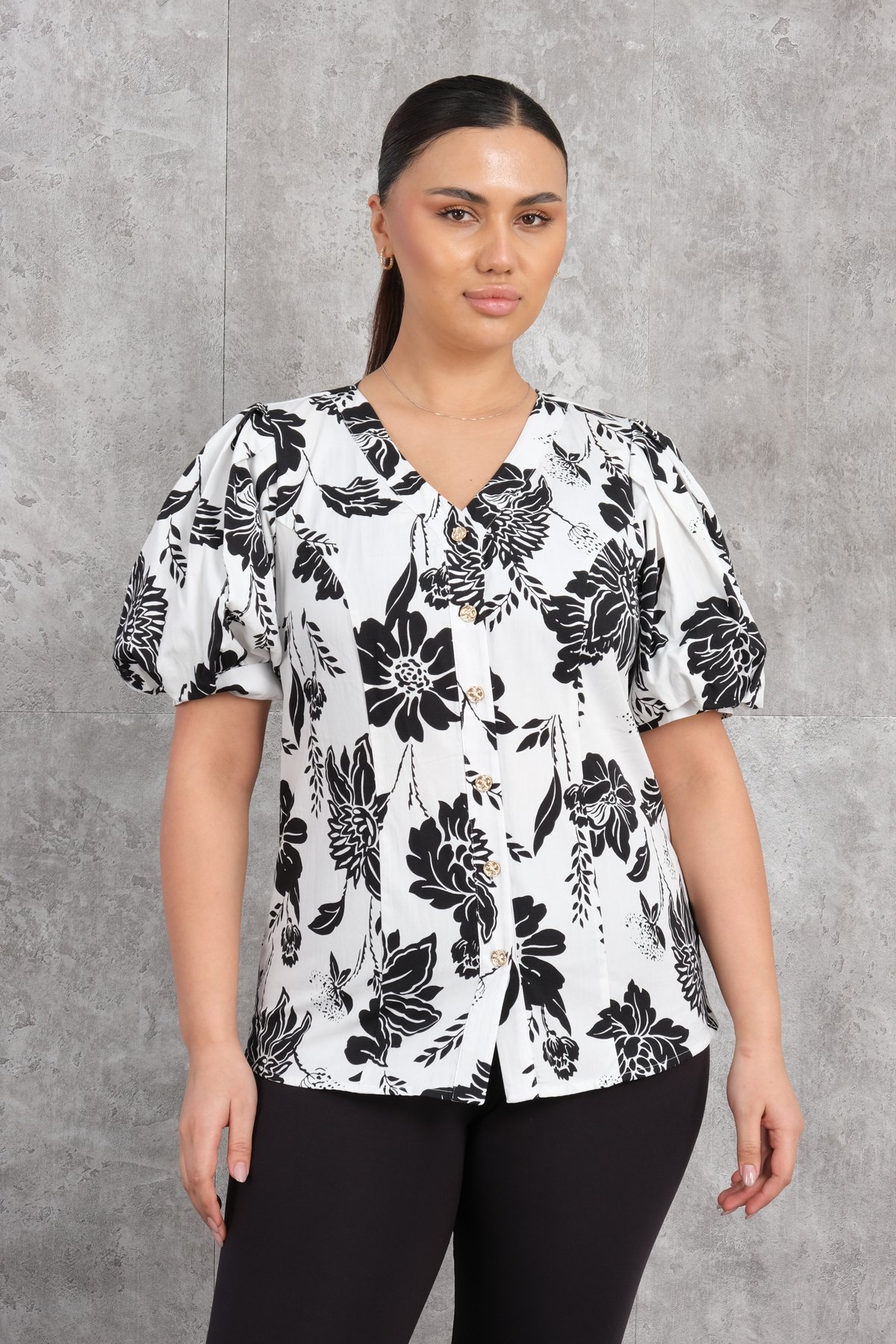 Plus Size V-Neck Blouse-Black