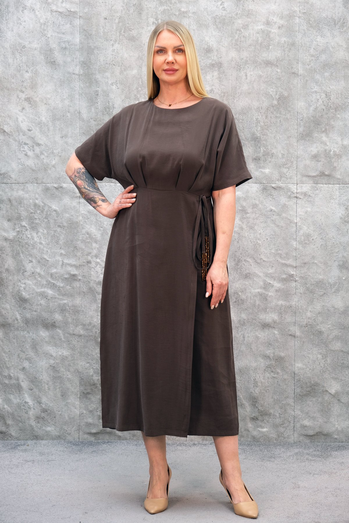Casual Plus Size Dress-Brown