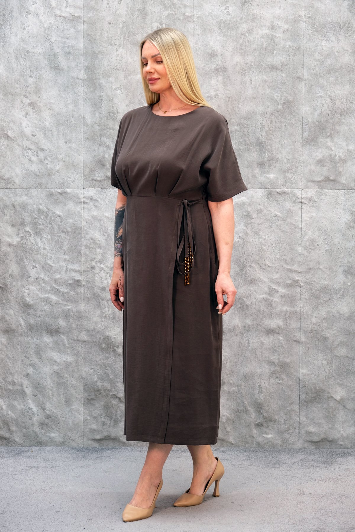 Casual Plus Size Dress-Brown
