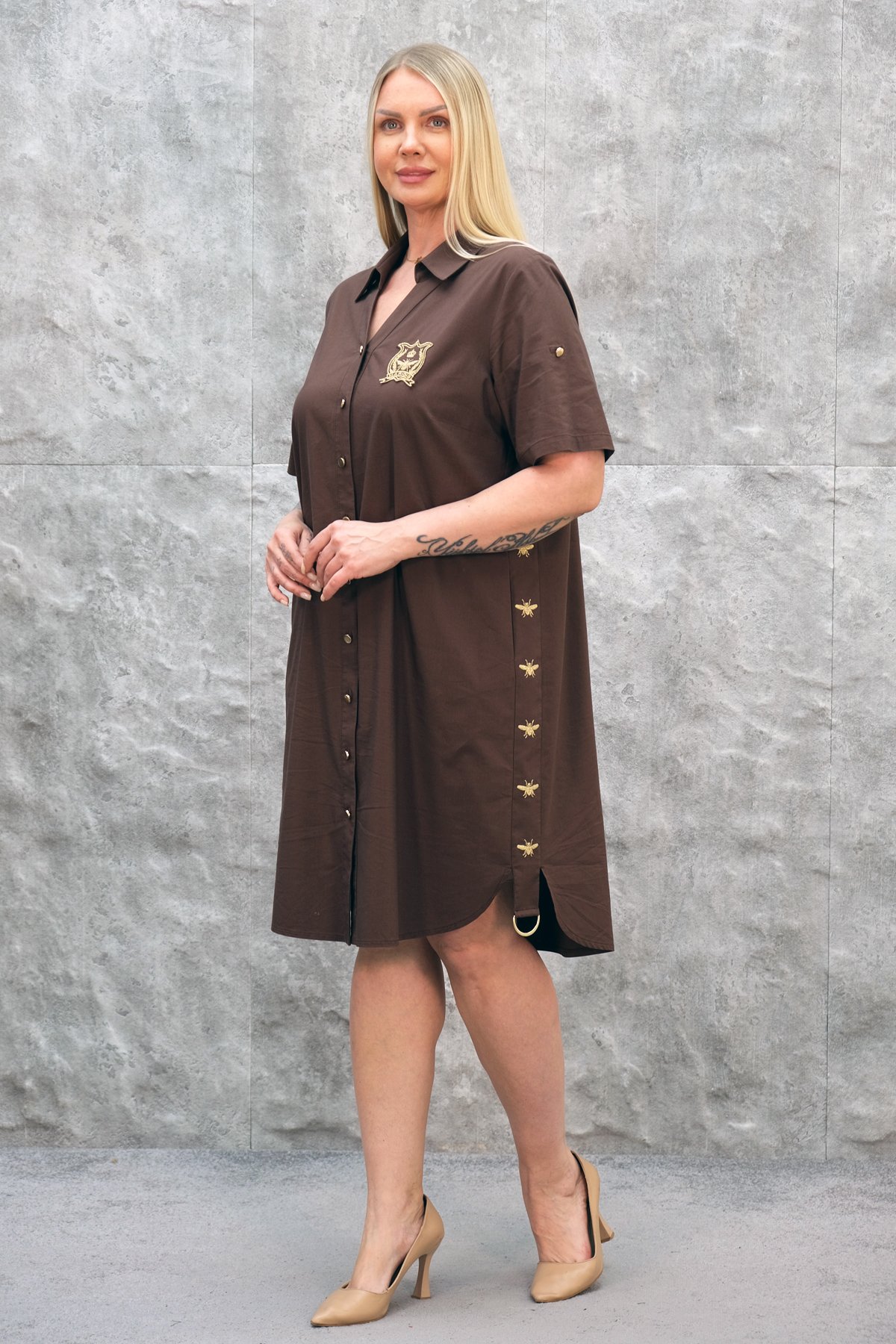 Casual Plus Size Dress-Brown