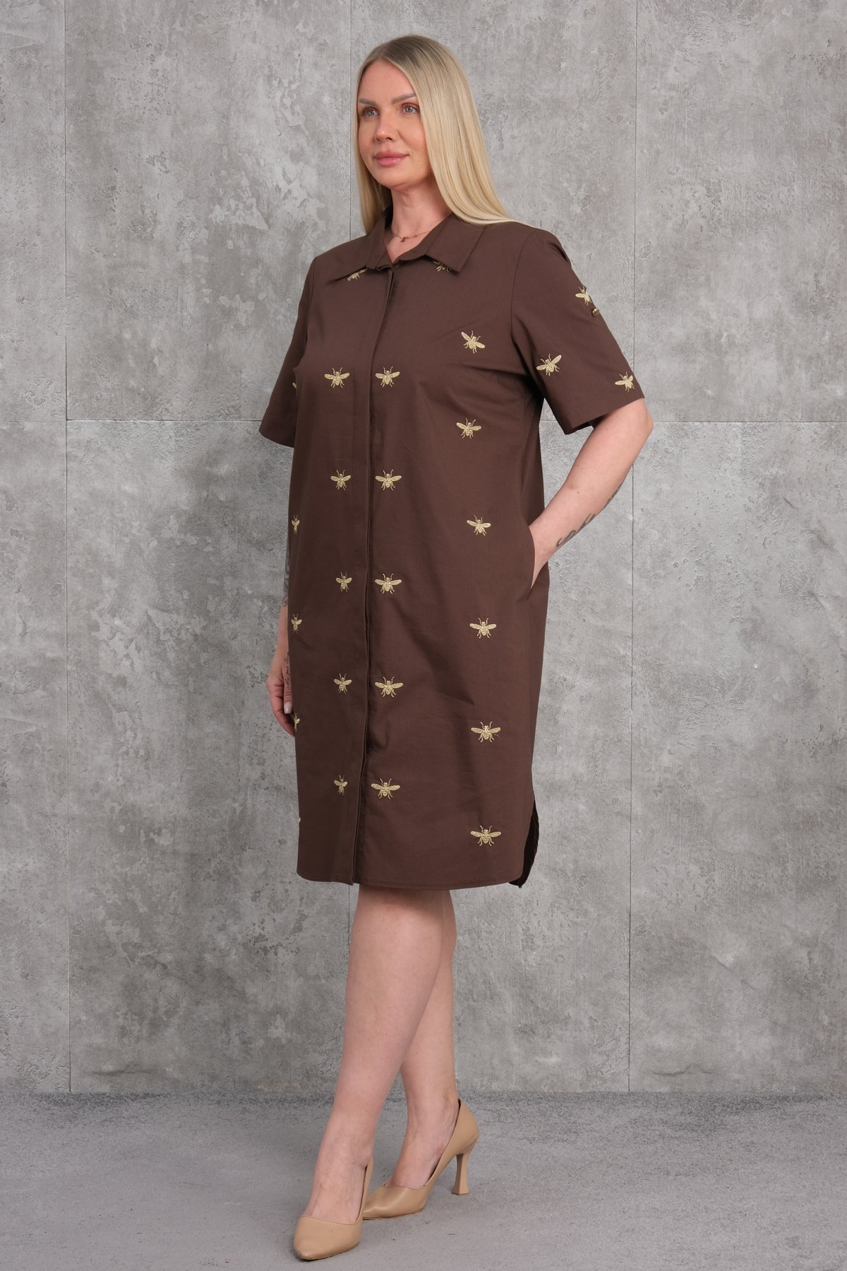 Casual Plus Size Dress-Brown