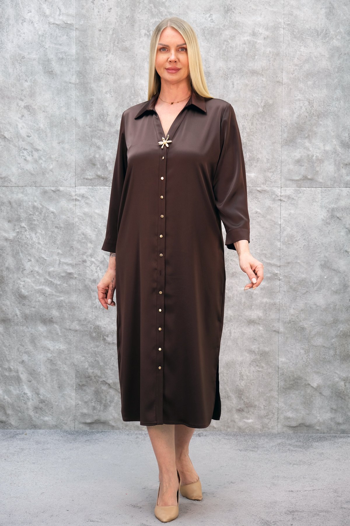 Casual Plus Size Dress-Brown