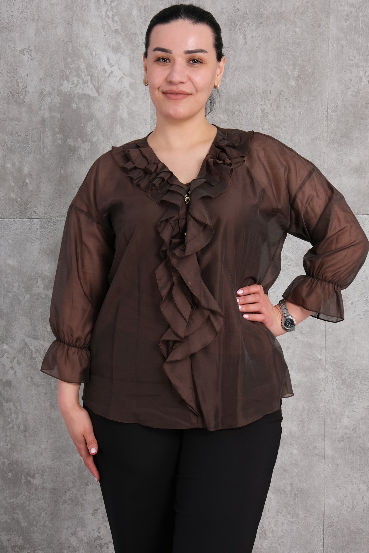 Plus Size Blouse-Brown