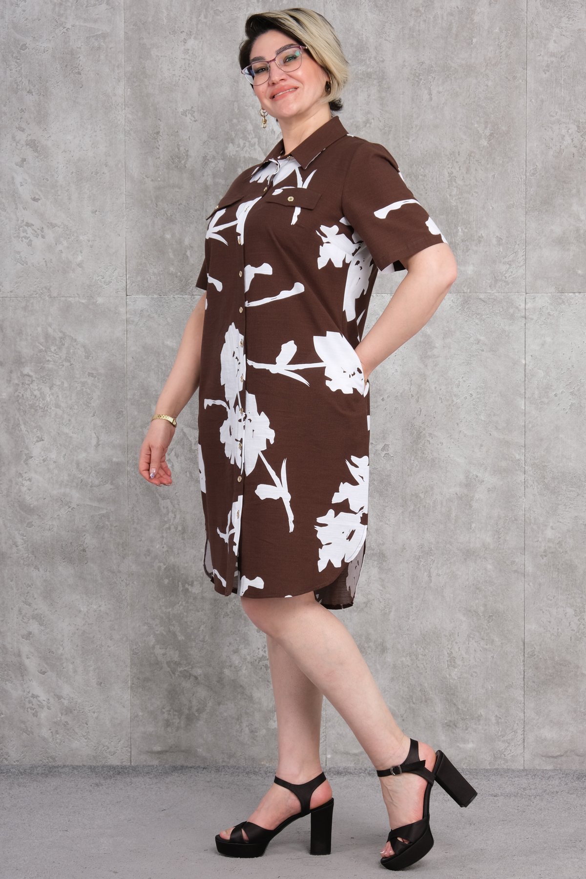 Büyük Beden Elbise-Kahverengi