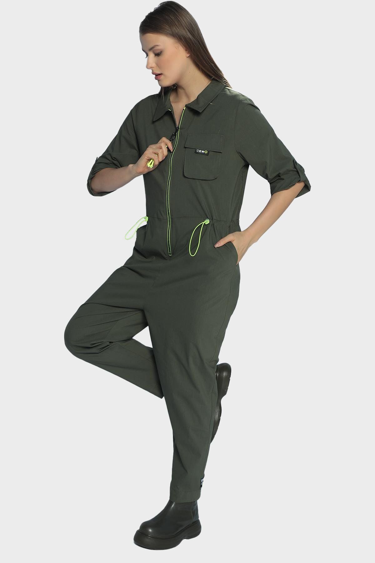 Womens sports style jumpsuit with zipper at the front and adjusted at the waist