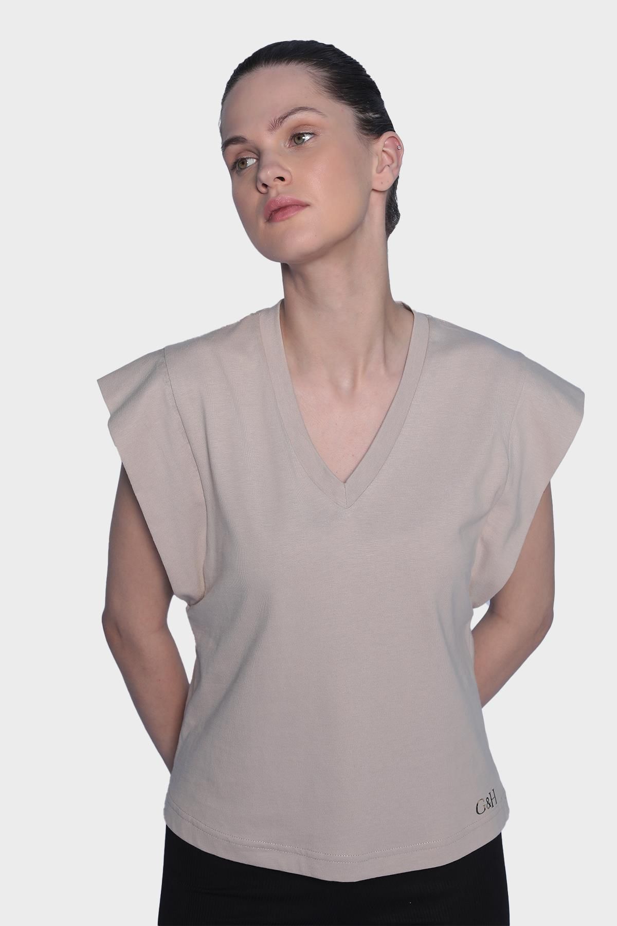 Womens V-Neck Basic Sleeveless T-Shirt - Cream
