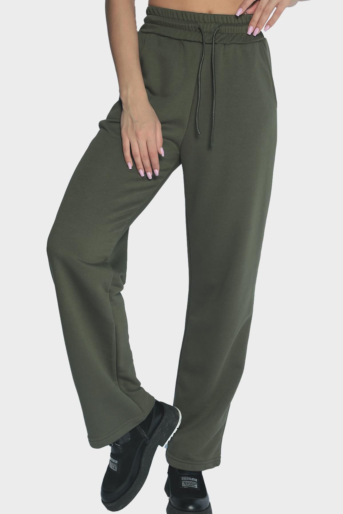 Womens wide-leg sweatpants with elasticated waist - Khaki