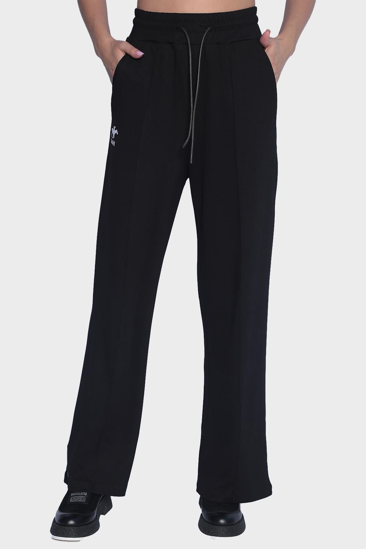 Женские спортивные штаны с широким карманом на эластичной талии - Черный