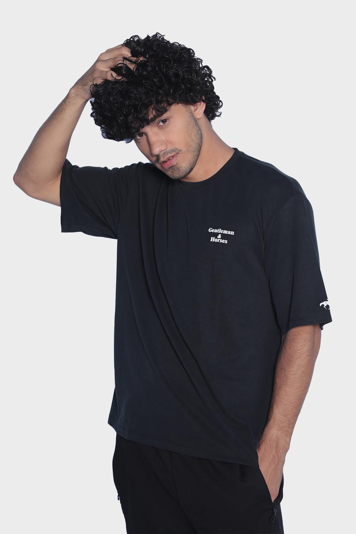 Мужская футболка оверсайз с круглым вырезом и коротким рукавом - Темно-синий