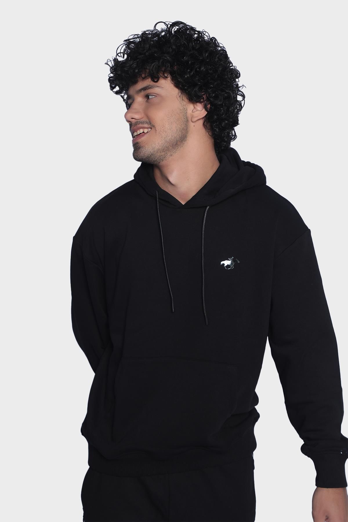Erkek kapüşonlu ve uzun kollu sweatshirt - Siyah