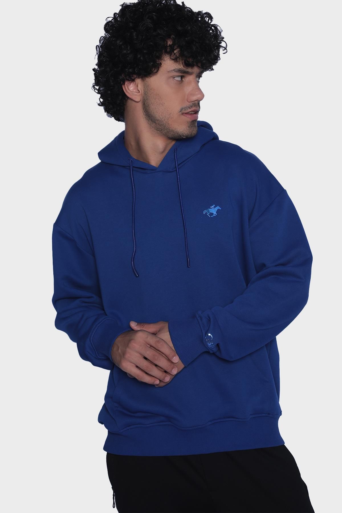 Erkek kapüşonlu ve uzun kollu sweatshirt - Sax mavi