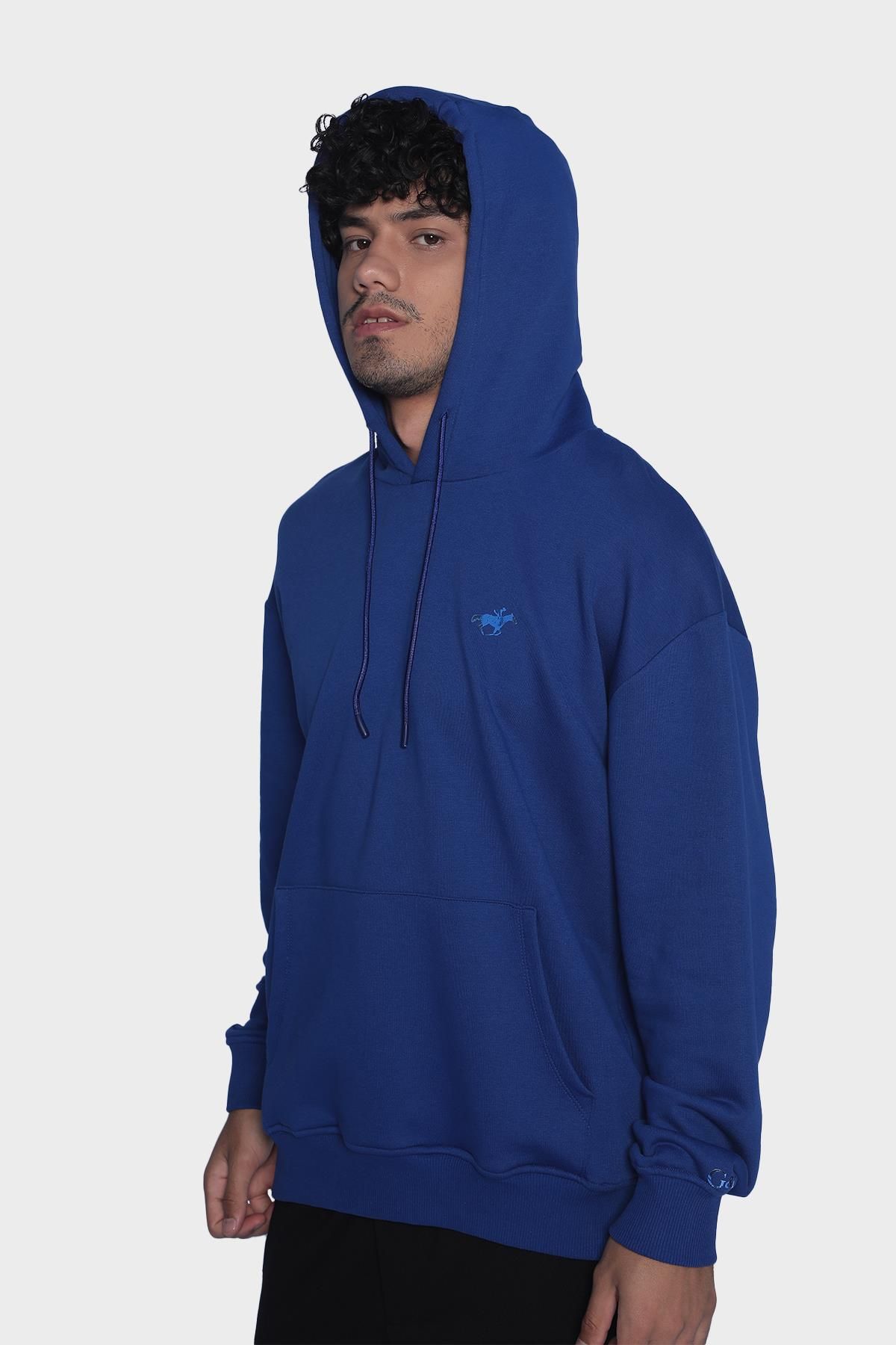 Mens hooded and long-sleeved sweatshirt - Sax blue