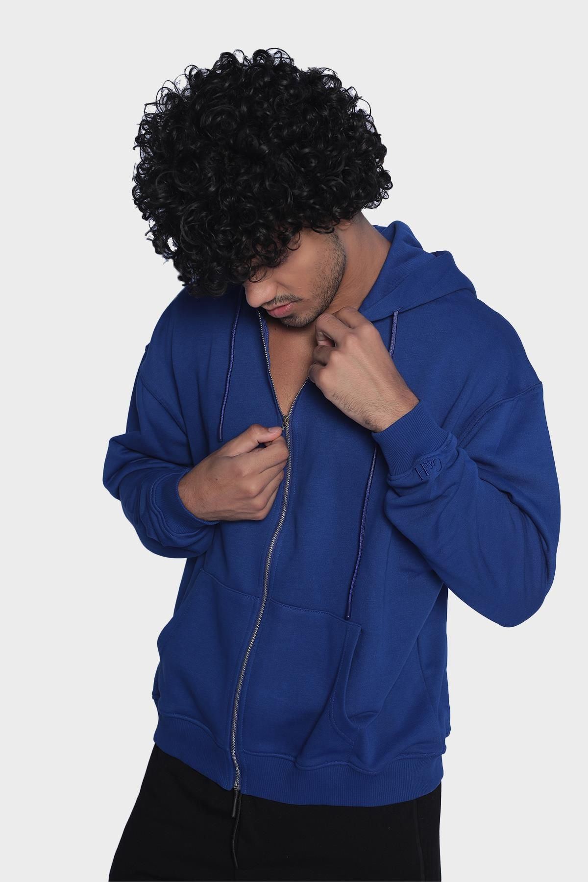 Erkek kapüşonlu, uzun kollu ve fermuarlı sweatshirt - Sax mavi