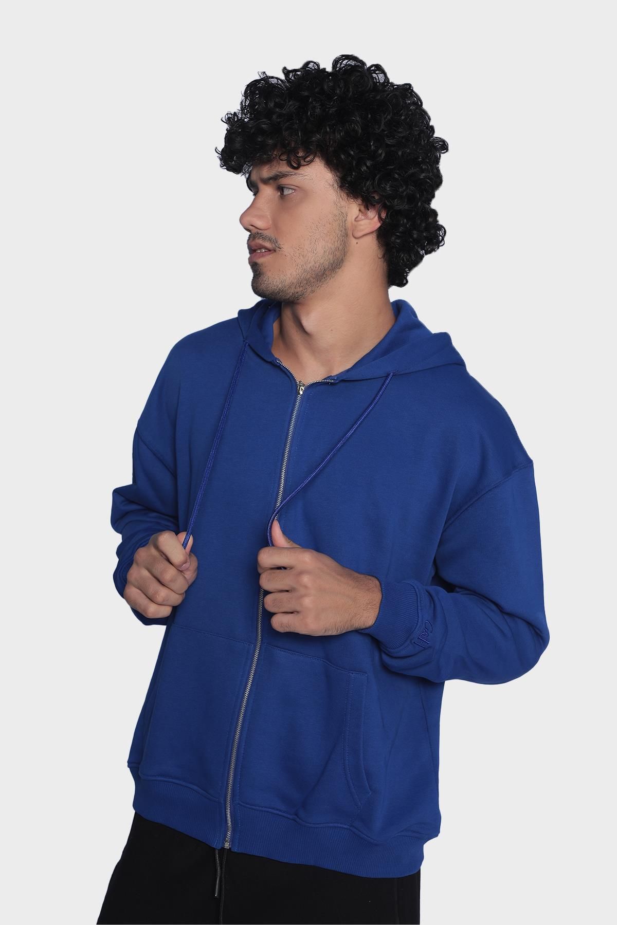 Erkek kapüşonlu, uzun kollu ve fermuarlı sweatshirt - Sax mavi