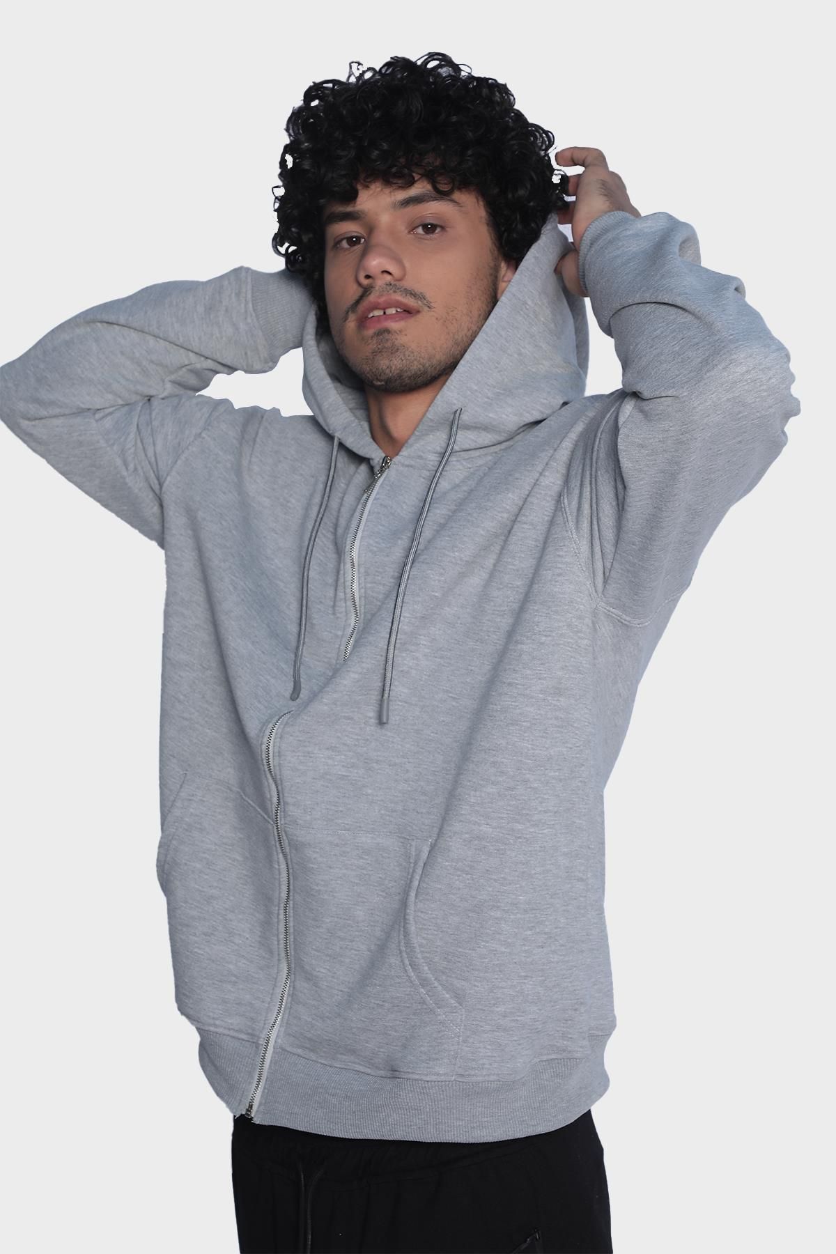 Mens hooded, long-sleeved and zip-up sweatshirt - Grey