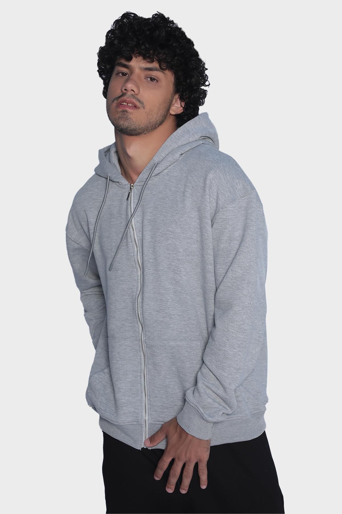 Mens hooded, long-sleeved and zip-up sweatshirt - Grey