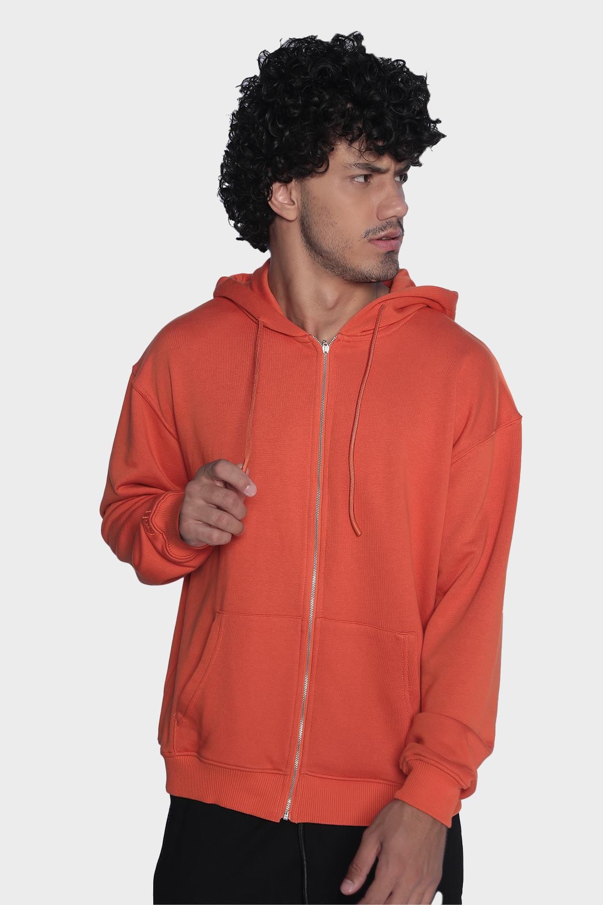 Мужская толстовка с капюшоном, длинным рукавом и молнией - Оранжевый