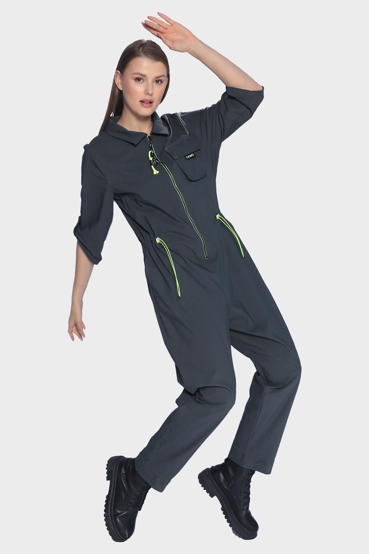 Plus Size Womens Sports Style Jumpsuit with Zipper at the Front - Grey