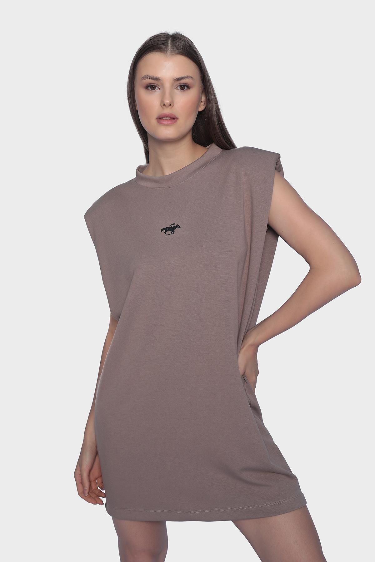Sleeveless mini dress with oversized round neck and shoulder support - Mink