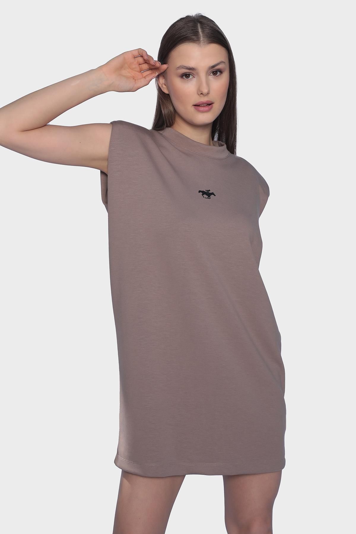 Sleeveless mini dress with oversized round neck and shoulder support - Mink
