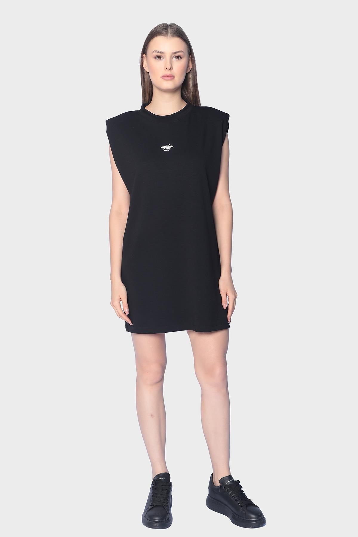 Sleeveless mini dress with oversized round neckline and shoulder support - Black