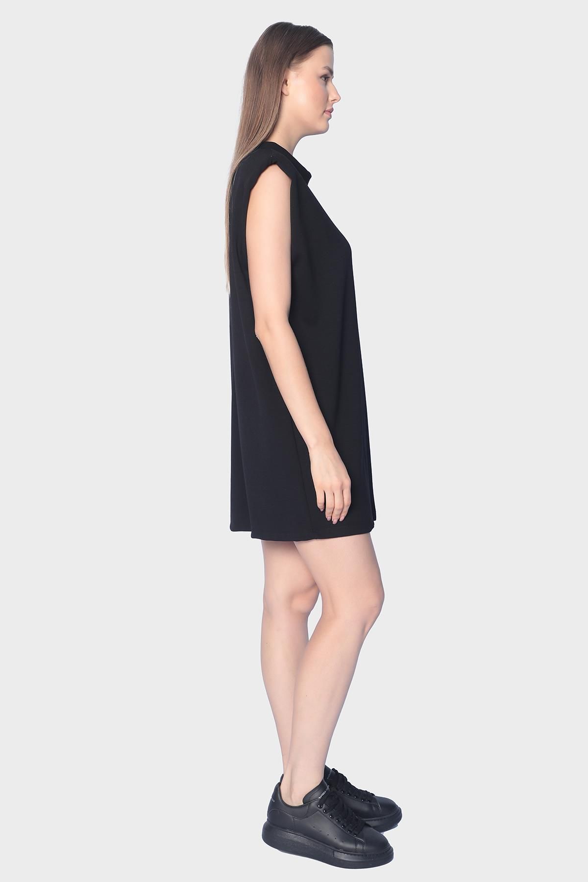 Sleeveless mini dress with oversized round neckline and shoulder support - Black