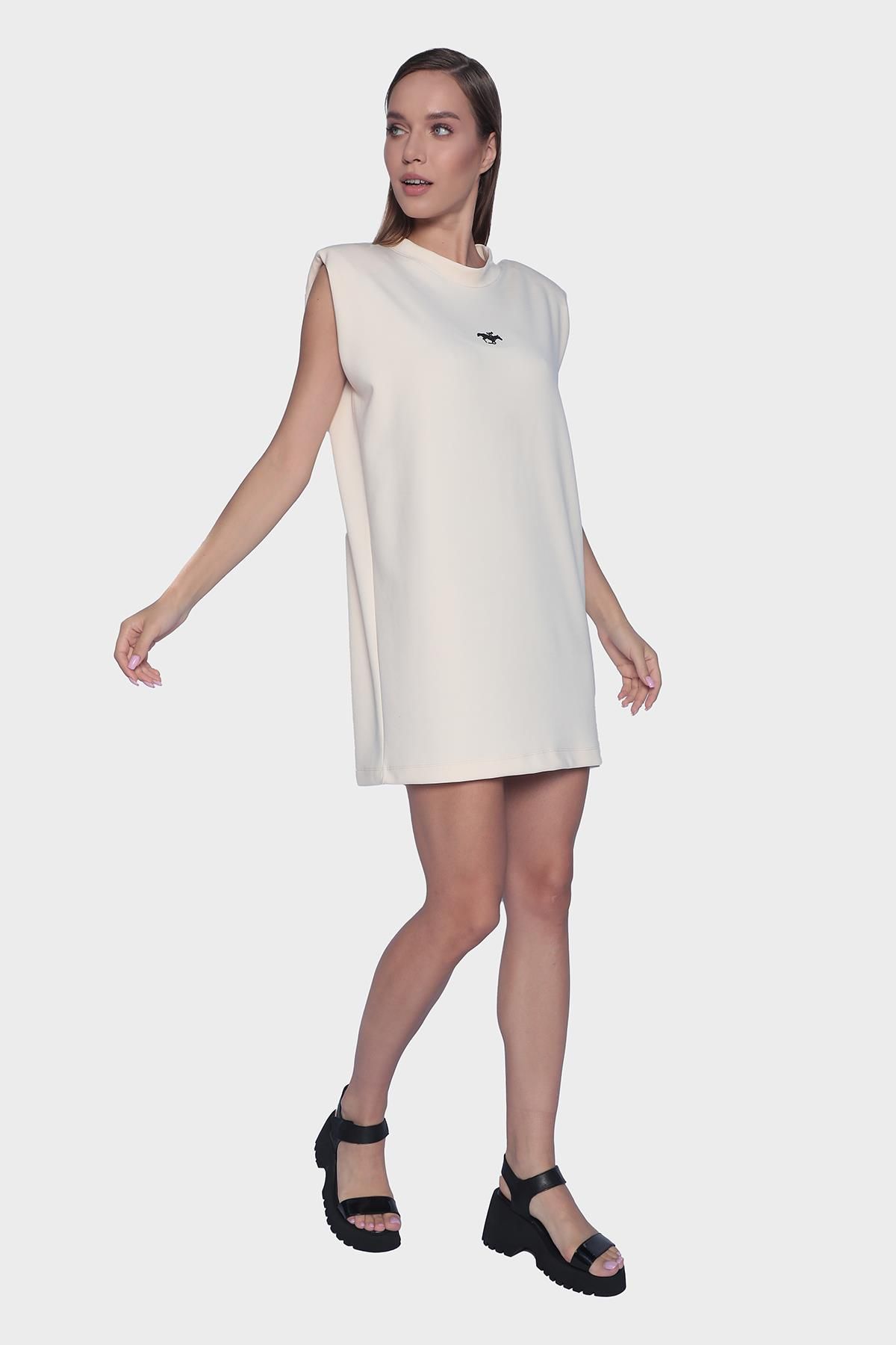 Sleeveless mini dress with oversized round neckline and shoulder support - Beige